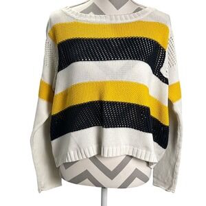 Vintage Havana Womens M Cropped Striped Knit Pullover Sweater Yellow Navy White